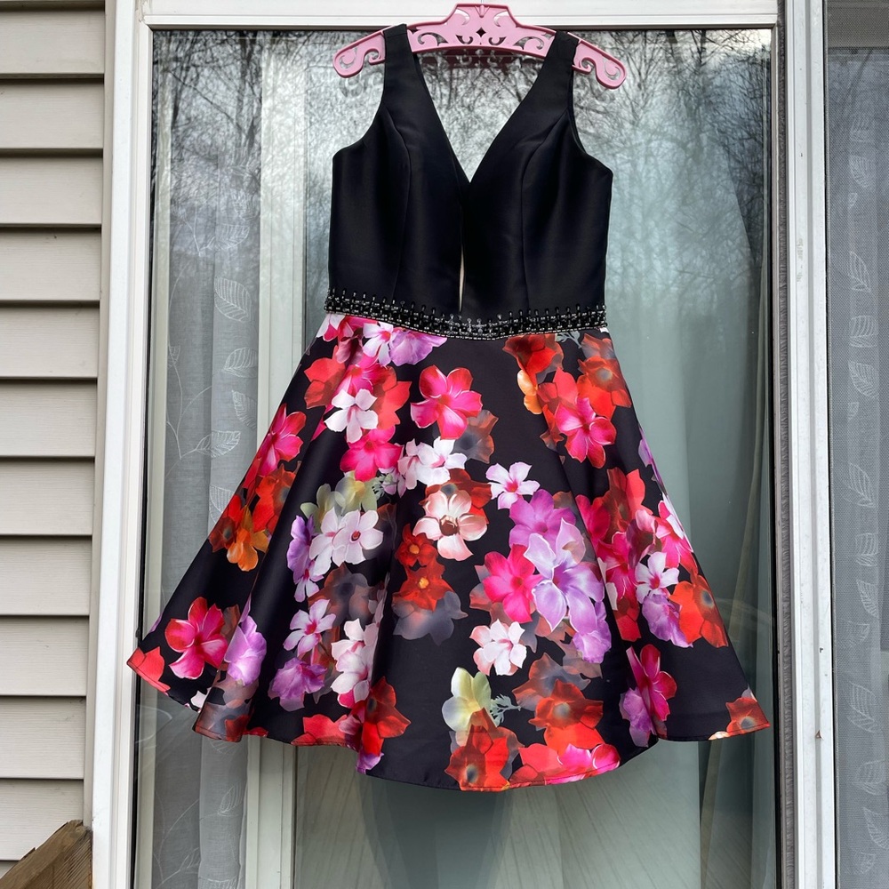 Black and Floral Fit n Flare Homecoming Dress